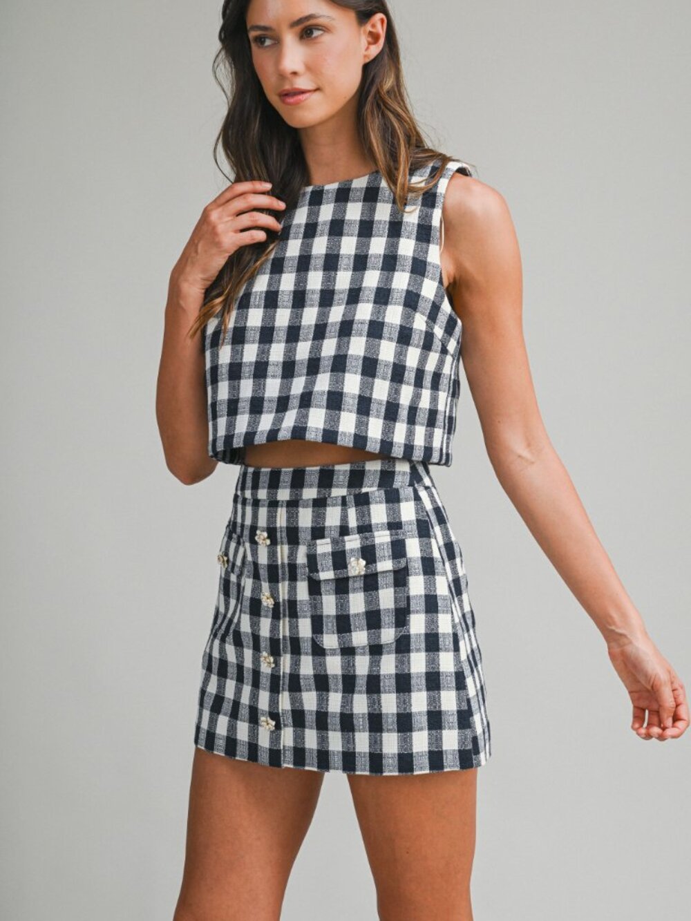 NWT Navy Gingham Cropped Sleeveless Top & Mini Skirt with Floral Button Set - Picture 2 of 5
